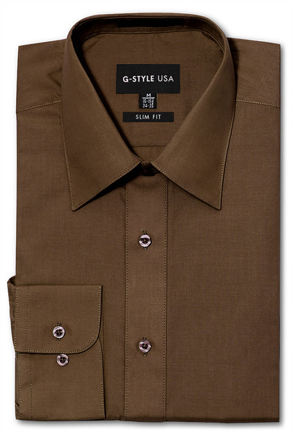 Slim Fit Solid Color Dress Shirt (Brown ...